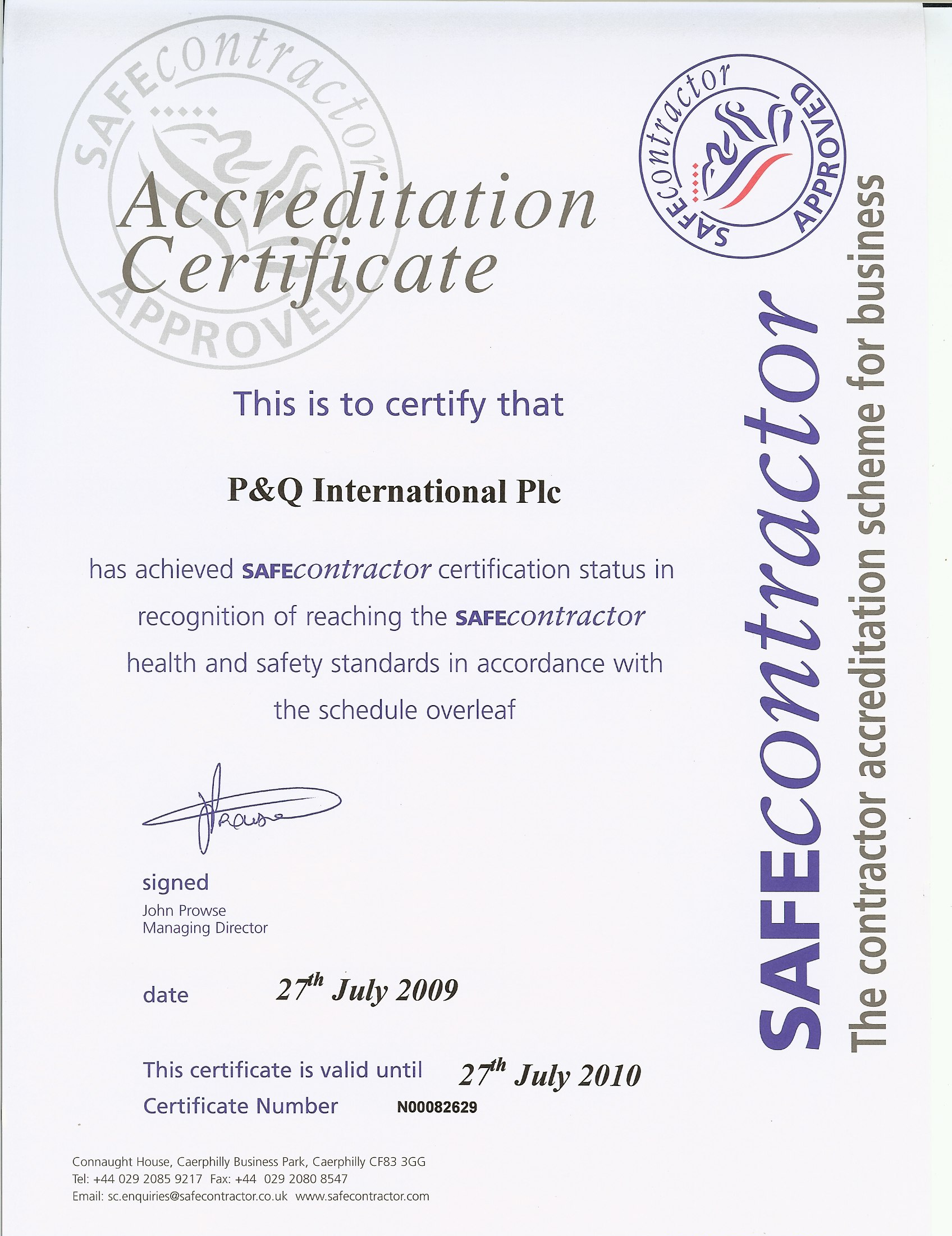 SAFEcontractor Certificate – front